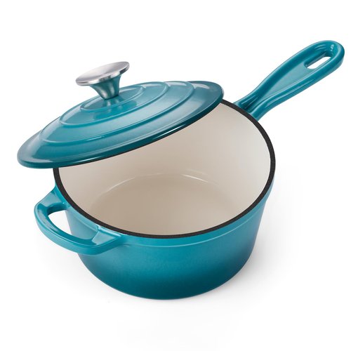Onader Enameled Cast Iron Sauce Pan, 2QT Saucepan with Lid, Small Cast Iron Pot for Cooking, Enamel Dutch Oven Nonstick & Heavy Duty – Dark Cyan