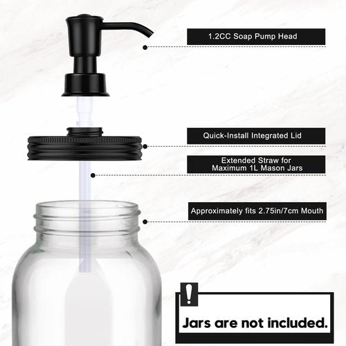 Watsango Plastic Soap Dispenser Set, 1.2CC Rustproof Pump and Lids for Regular Mouth Mason Jars, Quick Assemble Accessories for Farmhouse Kitchen Bathroom Counter Decor - 4 Pack Black