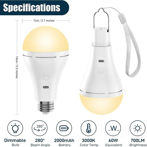 Brightown USB Rechargeable Light Bulb - Remote & Timer Emergency LED Bulbs for Home & Camping | 700LM, 6000K, 2 Pack