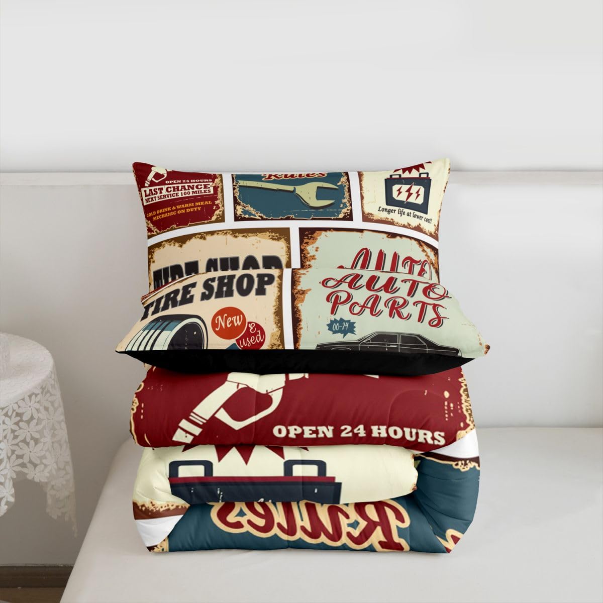 Vintage Car Signs Comforter Set For Boys, Automobile Pattern Down Comforter, Repair Vehicle Garage Bedding Set Full Size For Kids Girls Teens, Classics Servicing Duvet Insert Bedroom Decor