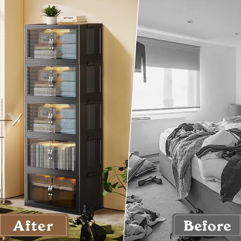 SAILUN Collapsible Storage Bins - 145 Gal/580 Qt, Stackable with Door & Lid, Ideal for Blankets & Pillows - Black 26" W x 17" D x 71" H