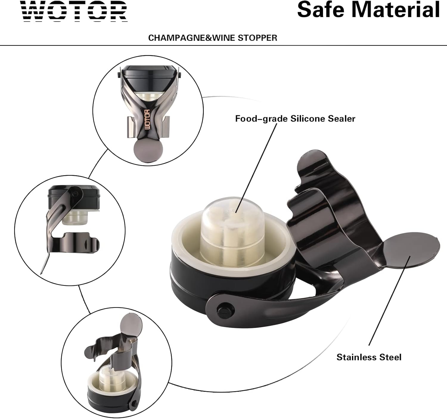 WOTOR Champagne&Wine Bottle Stoppers Stainless Steel with Food Grade Silicone, Leak Proof Keep Fresh Reusable Saver, Cork Suitable for Wine, Champagne, Cava, Prosecco and Sparkling (4 Pack Black）