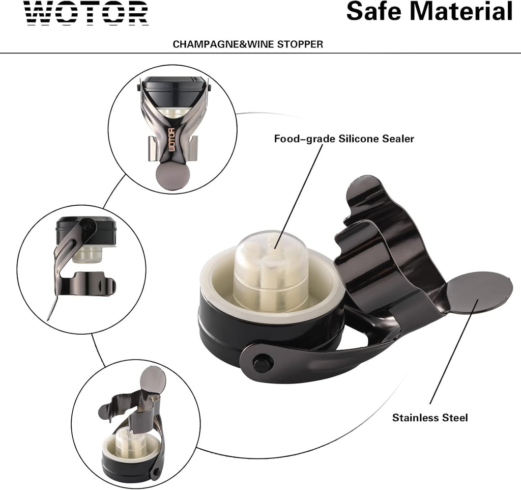 WOTOR Champagne&Wine Bottle Stoppers Stainless Steel with Food Grade Silicone, Leak Proof Keep Fresh Reusable Saver, Cork Suitable for Wine, Champagne, Cava, Prosecco and Sparkling (12 Pack Black）