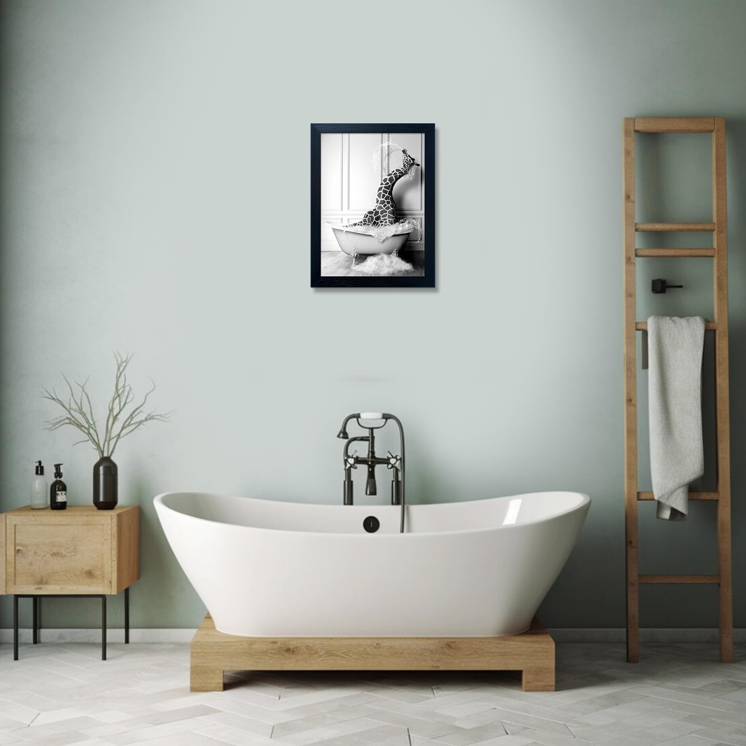 Skiennix Framed Animal Bathroom Wall Art - Funny Giraffe in Bathtub Canvas Print | Black and White Decor for Kids' Bathrooms