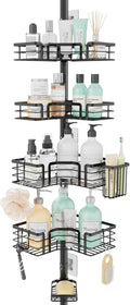 SWTYMIKI Shower Caddy Tension Pole - 4-Tier Adjustable Bathroom Organizer with Soap Holder & Hooks | Black 27.6-108.3 Inch