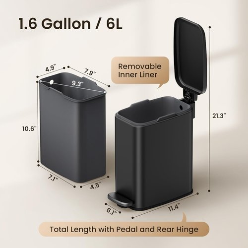 Cesun Small Bathroom Trash Can - 6L Stainless Steel Slim Wastebasket with Soft Close Lid & Foot Pedal | Black