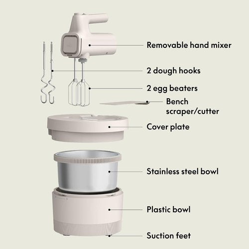 Bella 3.5 Qt Electric Hand & Stand Mixer - 2-in-1 with Bowl, Dough Hook & Whisk, 200 Watt, Oatmilk