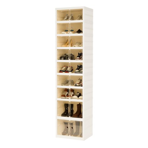 Tykacna Foldable Shoe Organizer Storage Box, Portable Extra Large Folding Shoe Rack for Closet, Shoe Storage Box with Magnetic Transparent Door and Wheels, 9 Layers 18 Grids with 4 Big Grids