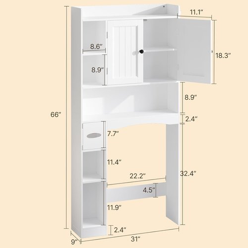 Gizoon 66''H Over The Toilet Storage Cabinet - White Bathroom Organizer with 2 Doors & Adjustable Shelf