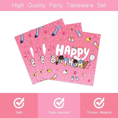96Pcs Cartoon Pink Dog Tableware Set Disposable Dinnerware for Girls Birthday Party Bday Pink Decorations with Plates and Napkins Sets Serve 24 Guests