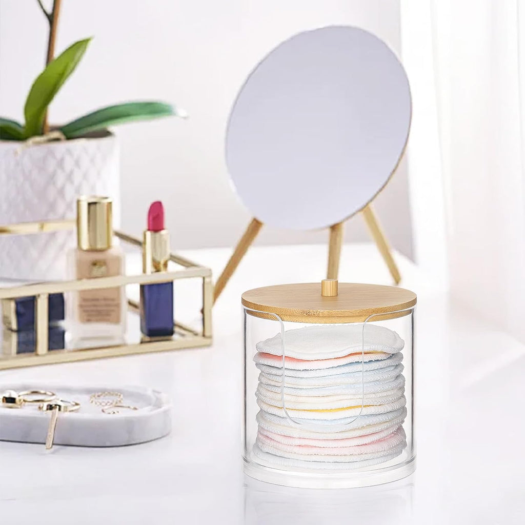 Tbestmax Cotton Pad Holder - Clear Bathroom Organizer with Bamboo Lid for Stylish Storage