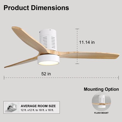 Sofucor 52 Inch Ceiling Fans with Lights and Remote Control, Modern Low Profile Flush Mount Wood Ceiling Fan, LED Dimmable, 6 Speeds Quiet DC Motor, Indoor/Outdoor Ceiling Fan for Bedroom Living Room