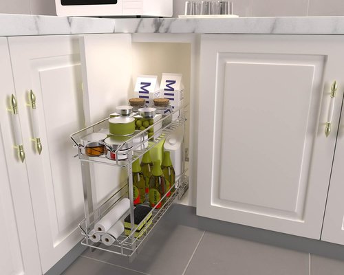 OCG Slide Out Cabinet Organizer for Narrow Cabinet (5" W X 17" D), 2 Tier Pull Out Shelves Slim Sliding Cabinet Organizer and Storage, Chrome