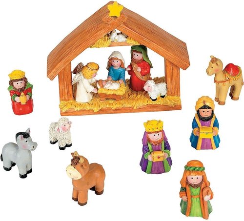 Fun Express Mini Christmas Nativity Set - 9-Piece Stable with Jesus, Mary, Joseph & Wisemen | Colorful Red, Blue, Green, Beige, Brown