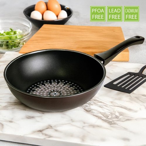 TECHEF - Blooming Flower Collection, 12" Wok/Stir-Fry Pan with Glass Lid, Coated 6 times with New Teflon Platinum Non-Stick Coating (PFOA Free) / Induction Ready/Made in Korea (12-inch with Cover)