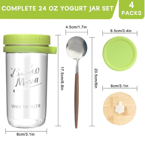ANOTION Overnight Oats Containers with Lids and Spoons - 4 Pack Mason Jars 24 oz with Lids and Straws - Airtight Glass Meal Prep Containers for Oats Overnight, To Go Yogurt Oatmeal Cereal Pudding Cups