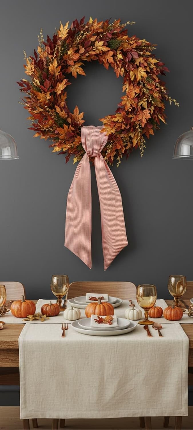 Orange Striped Wreath Sash - Fall Thanksgiving Bow for Door Decoration | 5.12" Wide x 54" Long