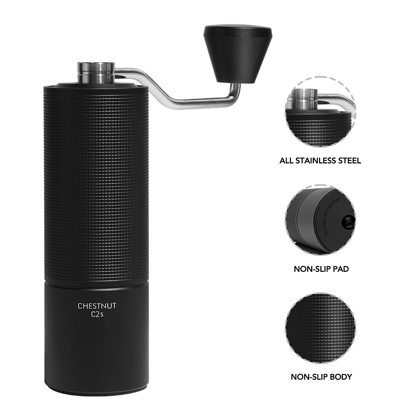 TIMEMORE Manual Coffee Grinder Stainless Steel Conical Hand Grinder Burr Chestnut C2S Internal Adjustable Setting Capacity 20g Pour Over Mocha Coffee for Travel, Camping, Home Black