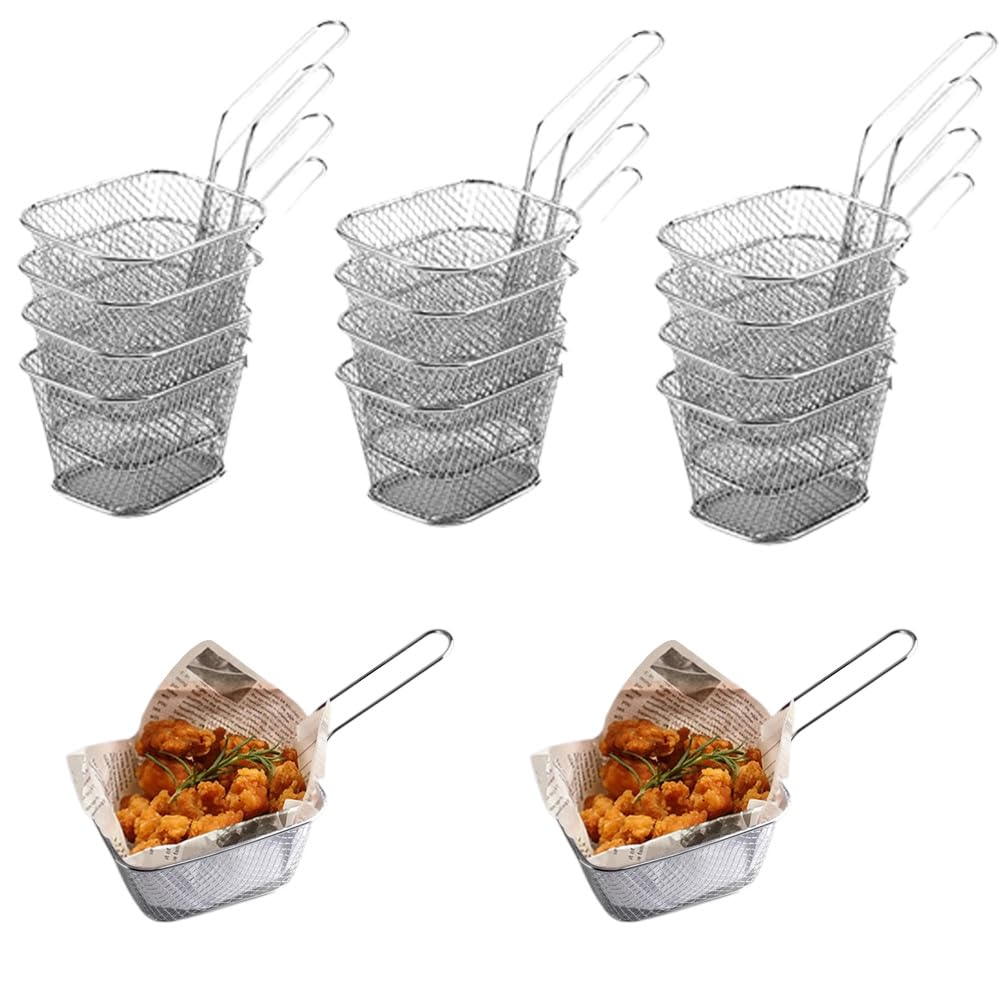 12 Pieces Fries Basket, Mini Square French Fry Chip Holder Food Snack Baskets For Serving, Stainless Steel Fry Basket with Handle Kitchen Restaurant