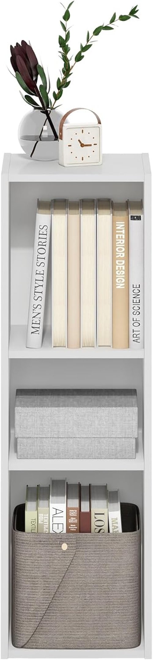Furinno Fulda 3-Tier Narrow Bookshelf - Stylish 10-Inch Wide Bookcase for Living Room, Bedroom, Home Office - White