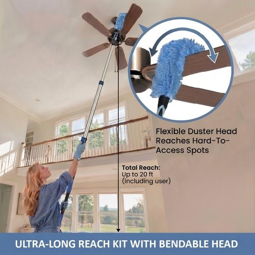 20ft High Ceiling Duster Kits with 5-12ft Heavy Duty Extension Pole - Fan Blade Cleaner, Cobweb Remover & Blue Window Squeegee Kit, Washable Dust Brush for High Roof and Glass Surfaces