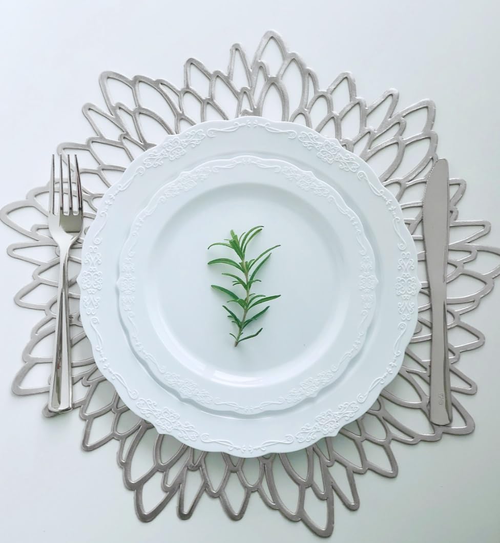 Occasions 40 Pieces Pack Pressed Vinyl Metallic Placemats/Wedding Accent Centerpiece Placemat (Silver Leaf)