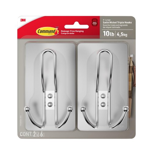 Command X-Large Satin Nickel Triple Hook, 2 Hooks, 6 Strips, Damage-Free Hanging with Adhesive Strips, No Tools Wall Hook for Hanging Decorations in Living Spaces