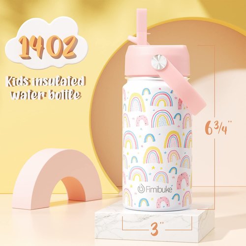 Fimibuke Kids Insulated Water Bottle - 14oz BPA-Free Stainless Steel Tumbler | Leak-Proof & Straw, Rainbow