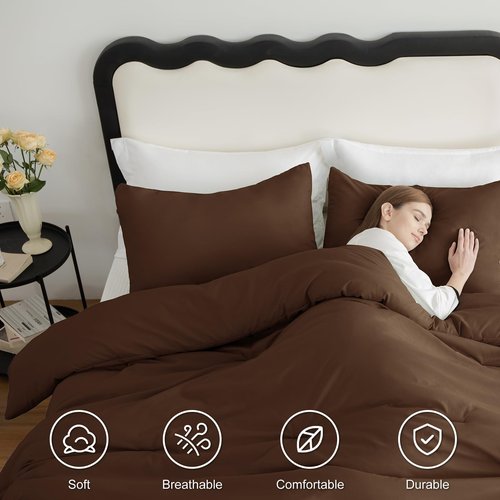 CozyLux Queen Comforter Set Brown, 3 Pieces Solid Breathable Quilted Style Bedding Sets, Luxury Fluffy Soft Bed Set with Down Alternative Comforter for All Season (1 Comforter & 2 Pillowcases)