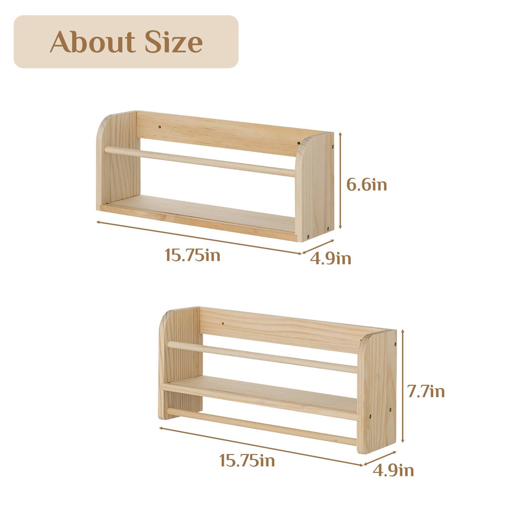 Walasis Nursery Book Shelves for Wall: Solid Pine Wood Wall Mounted Bookcase with Anti-Drop Bar for Kids' Room Easy Installation with Back Panel (Natural)