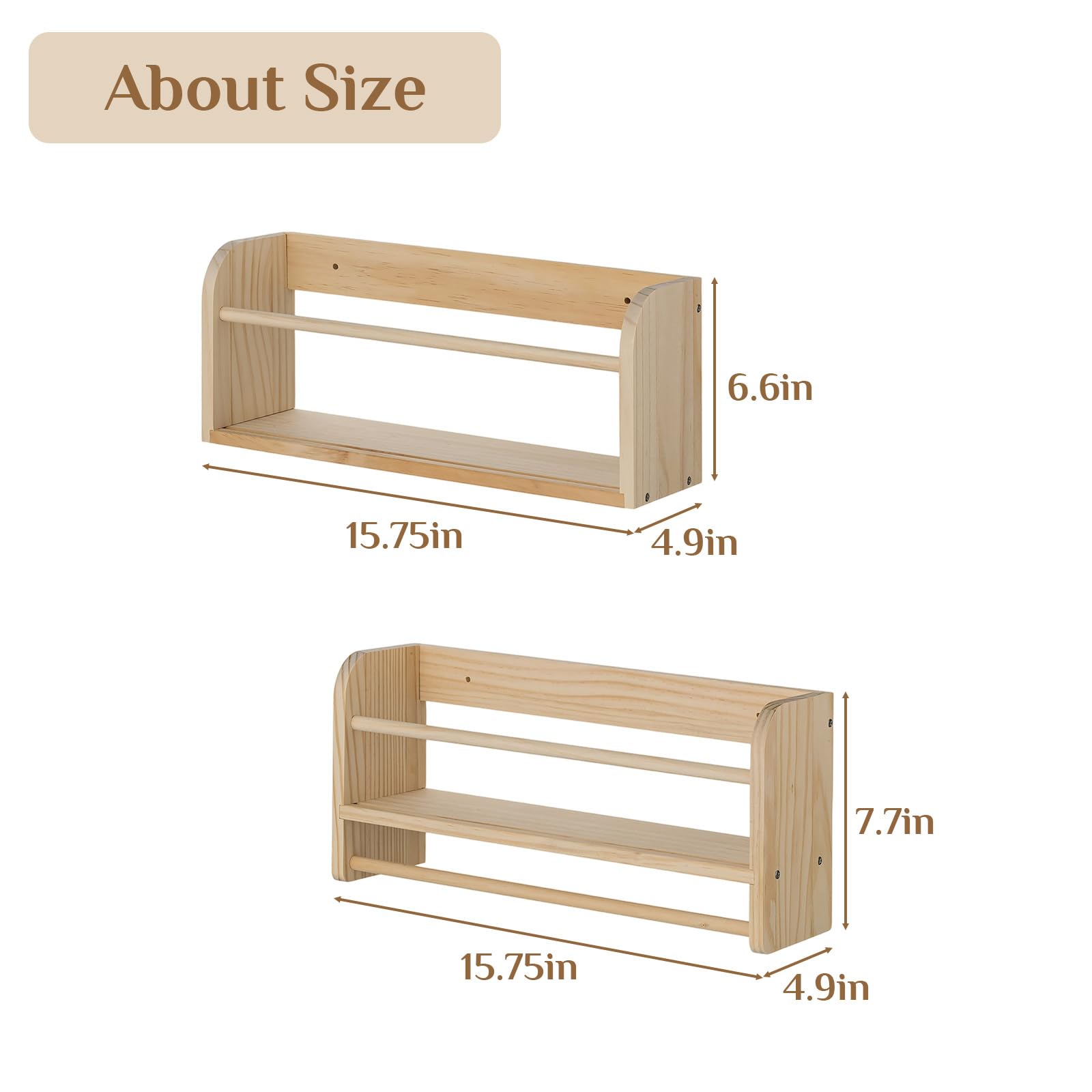 Walasis Nursery Book Shelves for Wall: Solid Pine Wood Wall Mounted Bookcase with Anti-Drop Bar for Kids' Room Easy Installation with Back Panel (Natural)