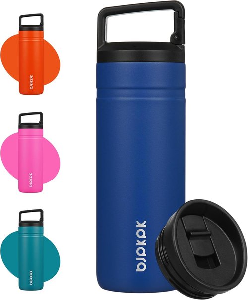 BJPKPK Insulated Water Bottle - 20 oz Double Wall Stainless Steel Travel Mug with 2 Lids | Sapphire Blue