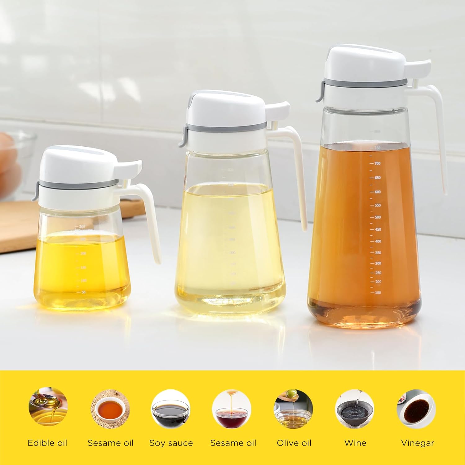 Skiennix Auto Flip Glass Olive Oil Dispenser Bottle - 22oz Clear Cruet for Kitchen Use
