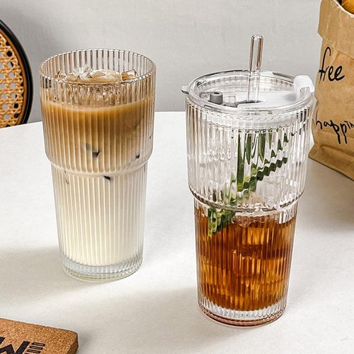 TUZAZO 20 Oz Ribbed Glass Tumblers with Lids and Straws - 4 Pack Glass Coffee Cups with Straws and Lids, Thicken Glass, Ideal for To Go Iced Coffee