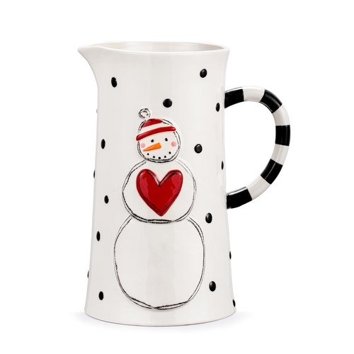 DEMDACO Heartful Home Holiday Snowman Polka Dot White, Black, Red 64 Ounce Stoneware Festive and Functional, Kitchen Counter or Tabletop Décor, Christmas Beverage Serving Pitcher