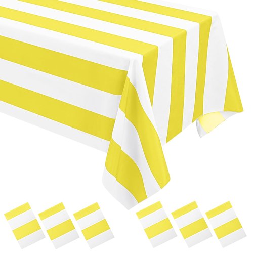 6 Pack Yellow and White Striped Tablecloth Rectangle 54x108inch Polyester Fabric Washable Table Cloth for Afternoon Tea Table Birthday Party Picnic Barbecue Gathering Indoor Outdoor Dining Decor