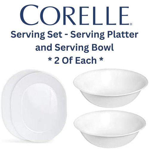 Corelle 12-1/4-Inch Serving Platter, Winter Frost White - 2-Pack with 2-Quart Serving Bowl, Winter Frost White 2PK - Set of 4