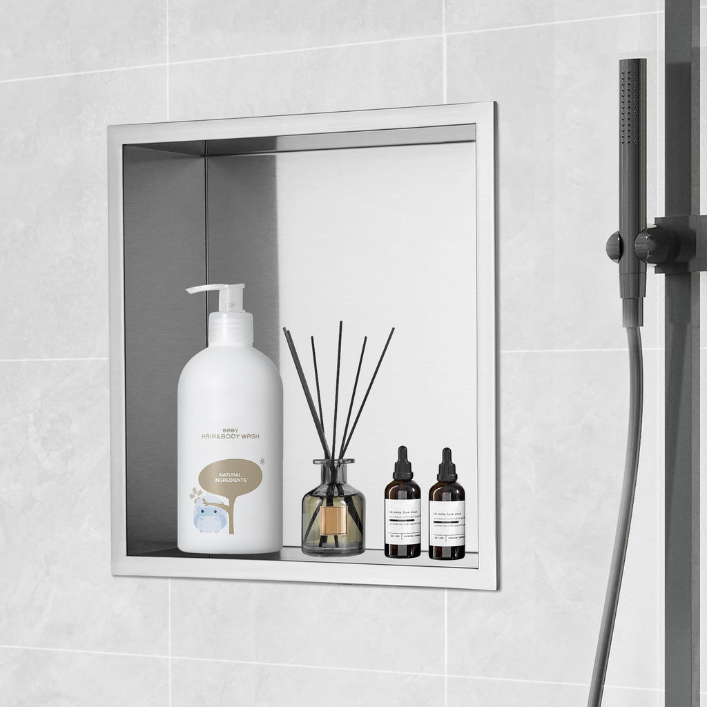 VEVOR Shower Niche No Tile Needed, Stainless Steel Niche for Shower Wall, Sealed Waterproof Rust-Resistant Bathroom Niche for Storage, 13x13'' Single Shelf