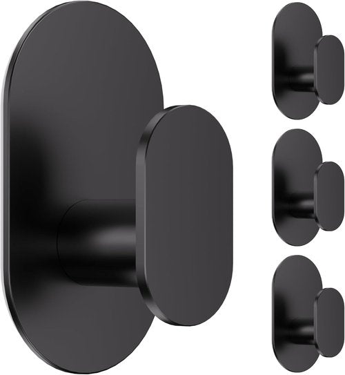 Aikzik Adhesive Towel Hooks - Heavy Duty 26LB Wall Hooks for Bathroom & Shower | 4 Pack, Matte Black
