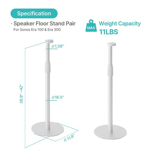 PEGZONE Speaker Stands Pair Compatible with Sonos Era 100 and Era 300, Height-Adjustable from 26.9"-42", Cable Management, 11lbs Capacity, White