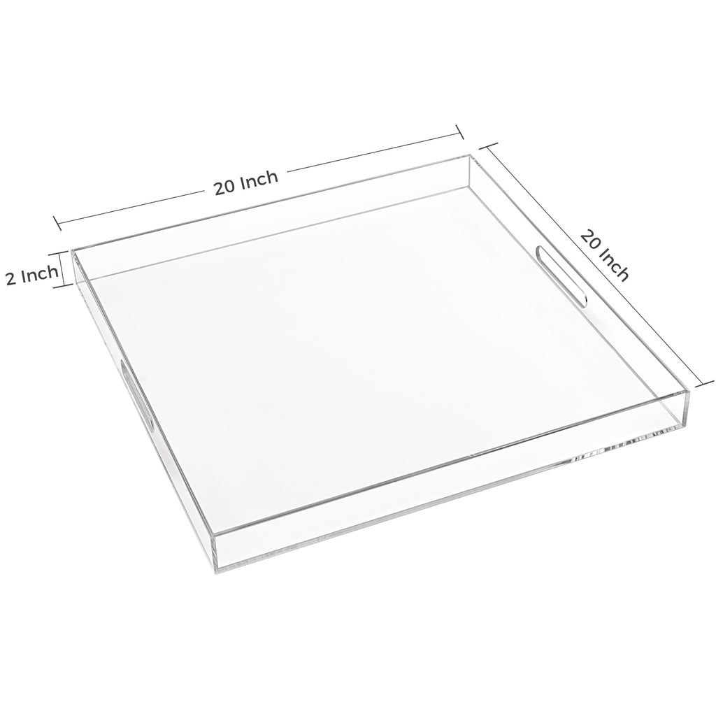 20×20 Inches Oversize Extra Large Sturdy Clear Acrylic Serving Tray King Size Decorative Big Ottoman Trays with Cut Out Handles Water Proof Bed Tray Coffee Counter Top Organizer