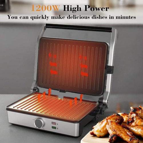 MUBENLIFE Panini Press, Electric Sandwich Press Grill, Open 180 Degrees, Electric Grill Indoor, Perfect for Grilling Sandwich, Steak, Burger, Adjustable Temperature Control, Non Stick Coating,GT60