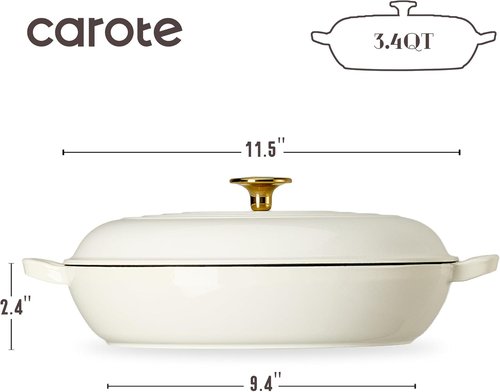 CAROTE Enameled Cast Iron Braiser Pan - 3.4QT Non-Toxic Dutch Oven with Lid & Dual Handles | White