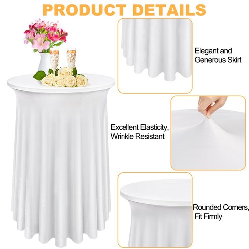 Bekith 4 Pack Round Spandex Stretch Cocktail Tablecloths with Natural Wavy, 32 x 43 Inch Cocktail Table Covers Round Table Skirt Fitted High Top Table Bar for Party Wedding Birthday Banquet (White)