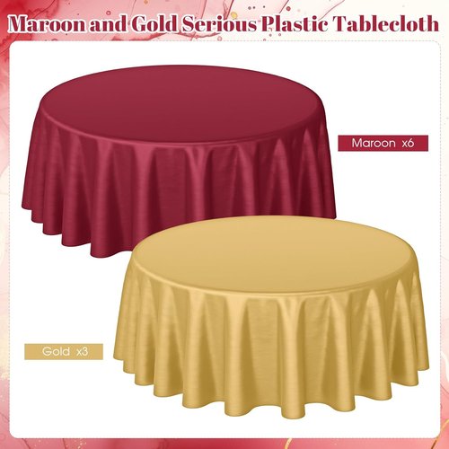 Buryeah 12 Pcs Round Burgundy & Gold Waterproof Disposable Tablecloths | 84 Inch for Parties