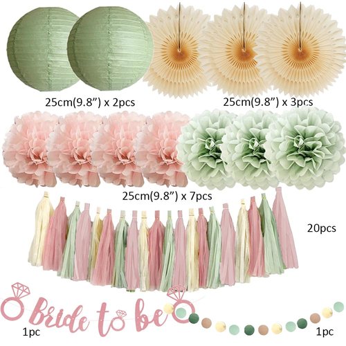 Dusty Pink and Sage Green Bridal Shower Decorations Boho Pastel Bride to Be Sage Green and Blush Pink Bridal Shower Decorations Dusty Rose Bachelorette Party Beige Fans Poms with Cream Tassel Garland