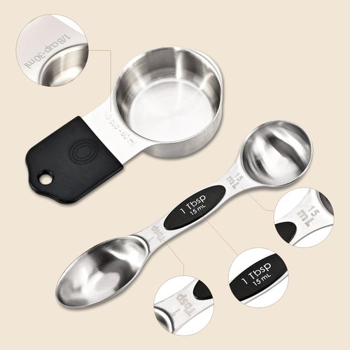 16-Piece Magnetic Measuring Cups and Spoons Set, Stainless Steel with Non-Slip Silicone Handles and Leveler, Essential Kitchen Baking Tools (Black)