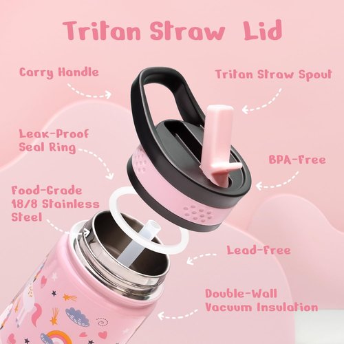 BUZIO Kids Water Bottle - 14oz Insulated Stainless Steel Thermo Cup with Straw Lid | Pink Unicorn Design