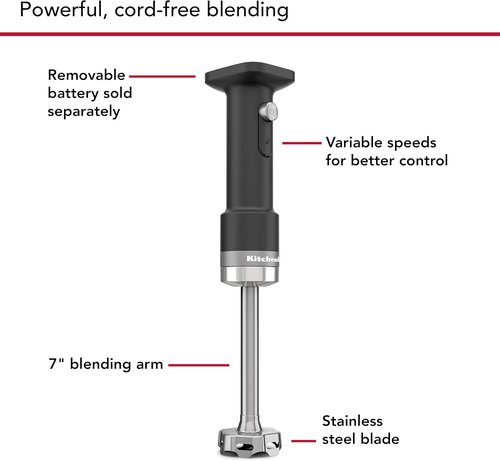KitchenAid Go Cordless Hand Blender - Includes Battery, Sleek Black Matte Finish, Model KHBRV71
