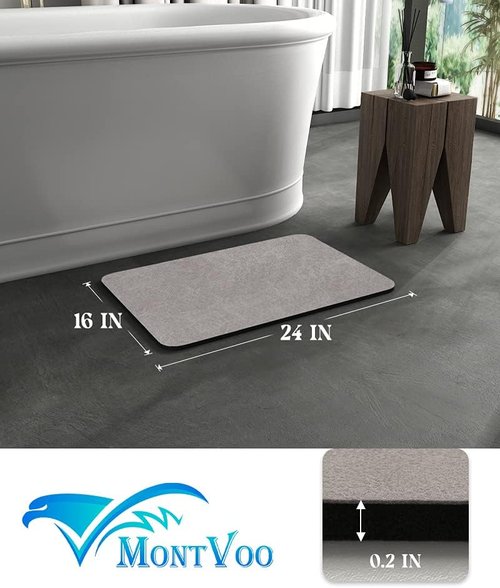 MontVoo Bath Mat - Non-Slip Rubber Backing | Quick-Dry Faux Suede - Grey 16x24" Shower Rug